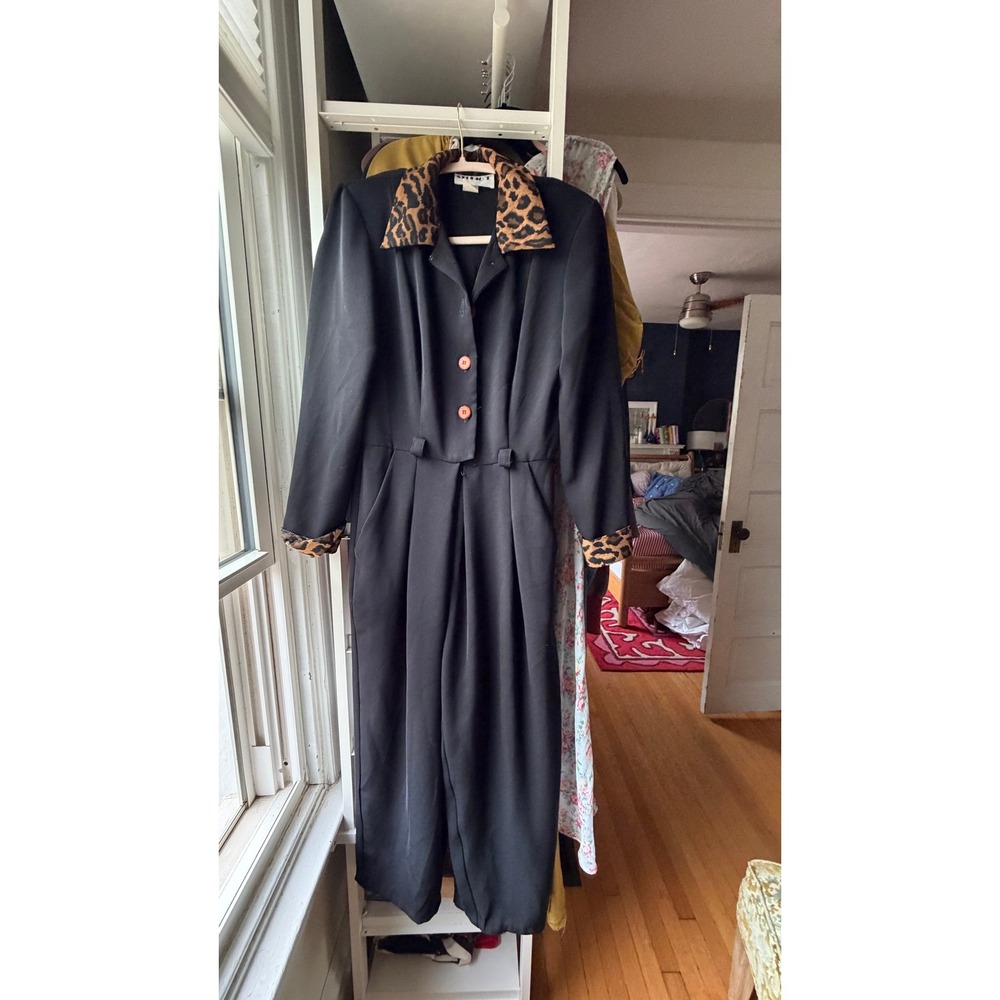 Studio I Jumpsuit Womens 8 / M Black Leopard Print Collar Vintage 80s 90s Retro